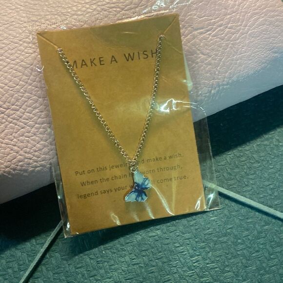 Marbled Blue Butterfly Make a Wish Necklace - Picture 1 of 2